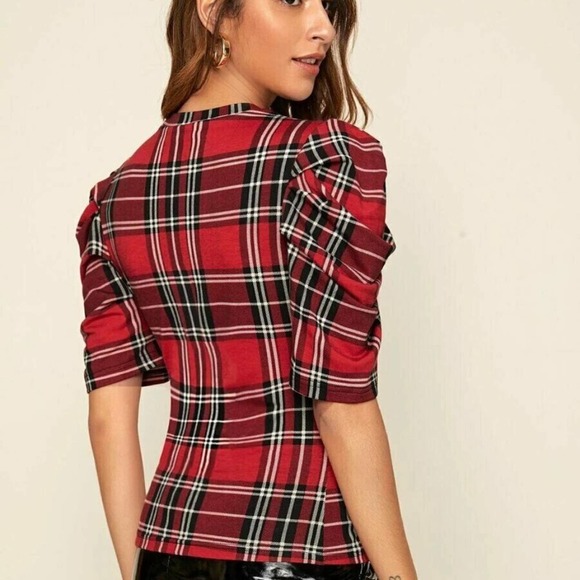 SOLD OUT Plaid Top Lightweight Short Sleeve LG & SM Puff Sleeve Red Tartan Top - Picture 3 of 5
